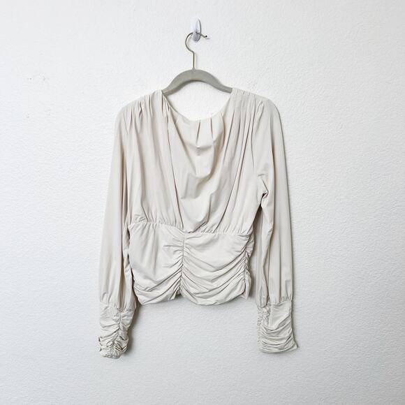 [Olia] White Draped V-Neck Ruched Waist Pleated Long Sleeve Blouse NWT Size XL - Picture 3 of 10